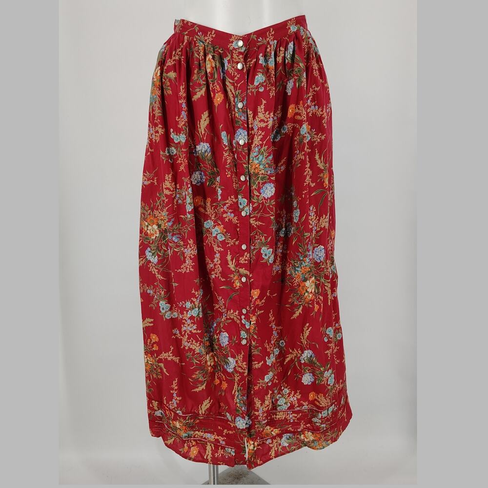 Ralph Lauren Red Floral Button Front FLAWED Midi Skirt 6 Cottagecore Prairie - Picture 2 of 14